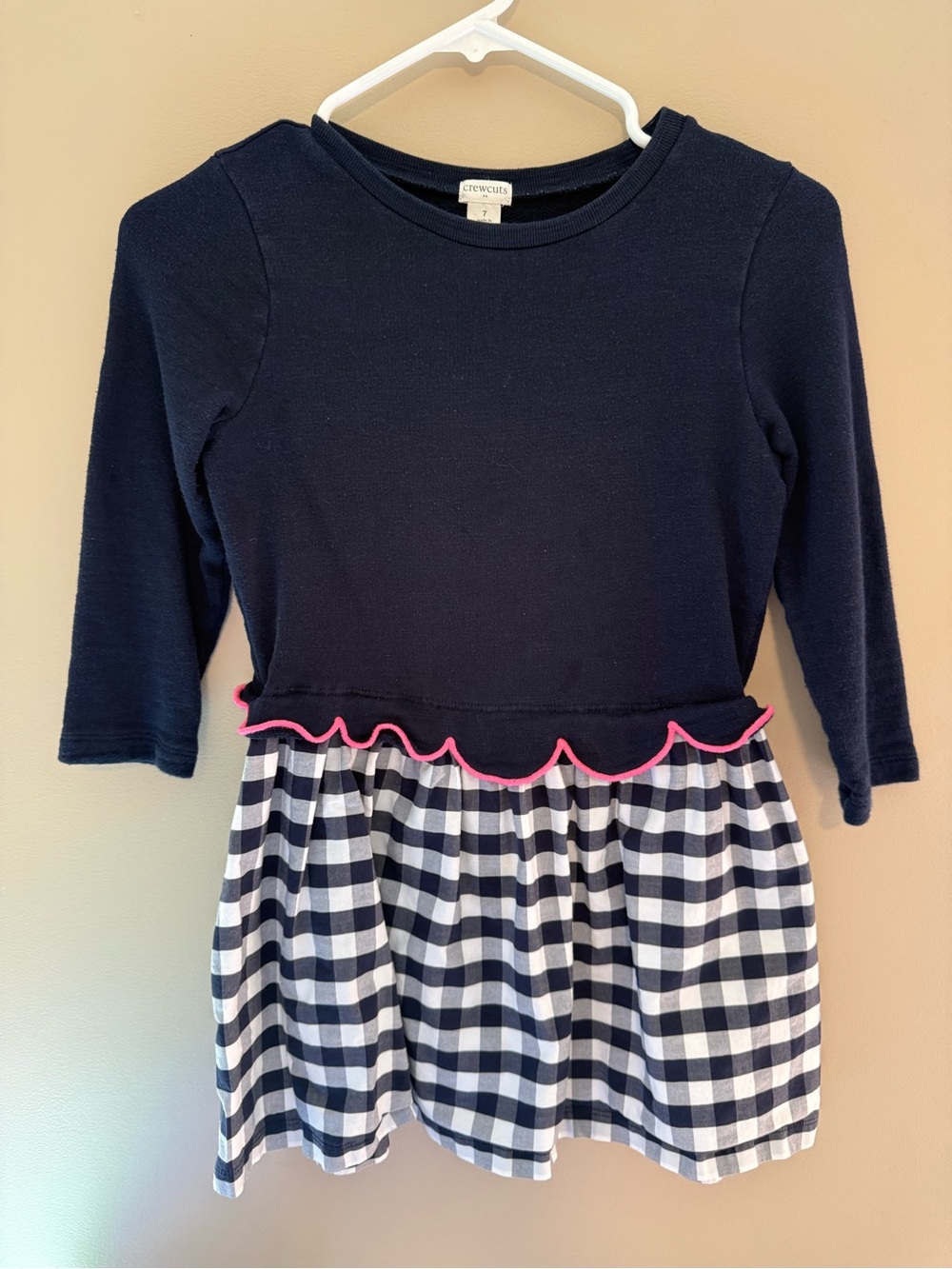 Crewcuts Navy Dress with Pink Trim and Gingham Skirt